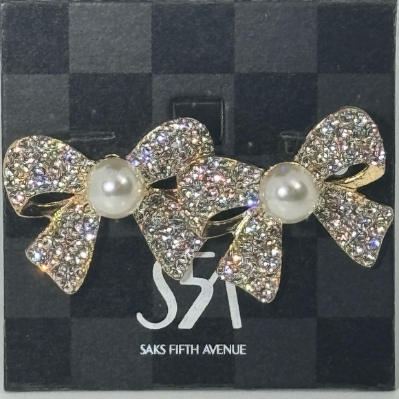 Saks Fifth Ave Gold Tone Crystal Bow with Faux Pearl Post - Picture 2 of 7